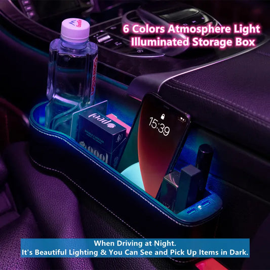 Car Seat Gap Organizer with 6 Colors Ambient LED Light with Dual USB Charger Ports Gap Filler Car Pockets with Cup Holder Storage Box (A Pair for Both Seats)