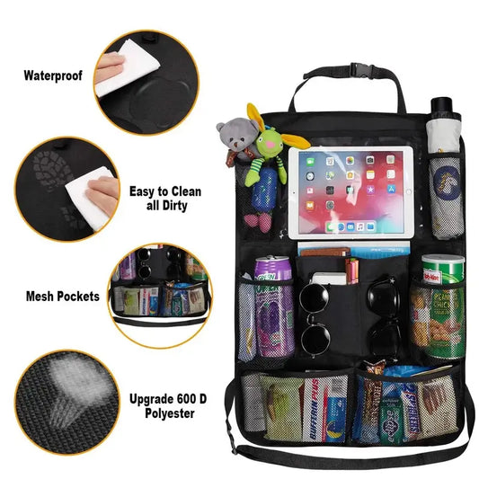 Car Backseat Organizer and Storage, with Touch Screen Tablet Holder, Car Storage Organizer with 10 Storage Pockets, Kids Durable Waterproof, Kick Mats Backseat Protector