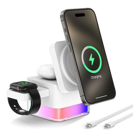 3-in-1 Mag-Safe Wireless Charger Stand for iPhone, Apple Watch, and AirPods - White